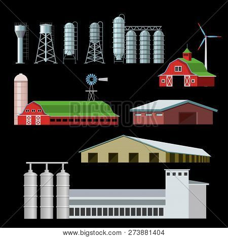 Set Of Farm Buildings And Constructions. Vector Illustration