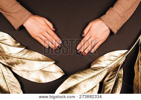 Holiday Beautiful Manicure With Golden Decorations. Dark Tone.
