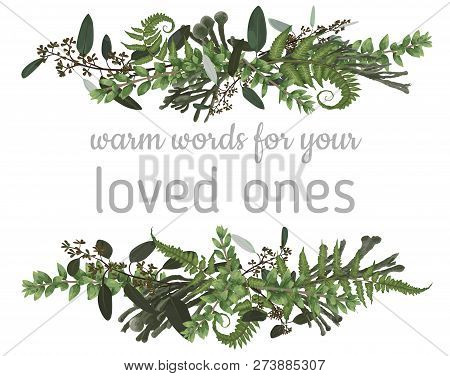 Floral Bouquet Design Set, Green Forest Leaf, Fern, Branches Boxwood, Buxu, Brunia, Eucalyptus. Wate