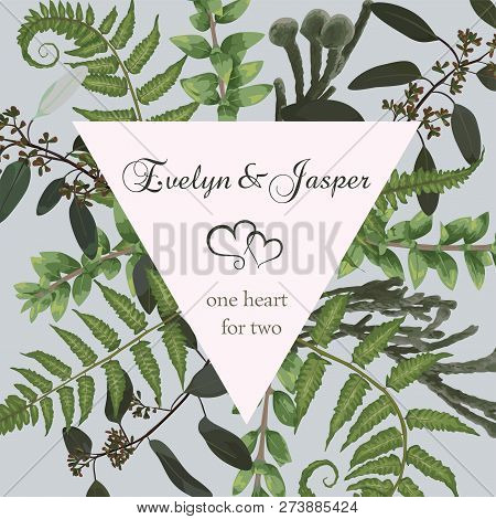 Wedding Square Floral Invitation, Invite Card. Vector Watercolor Set Green Forest Fern, Herbs, Bruni