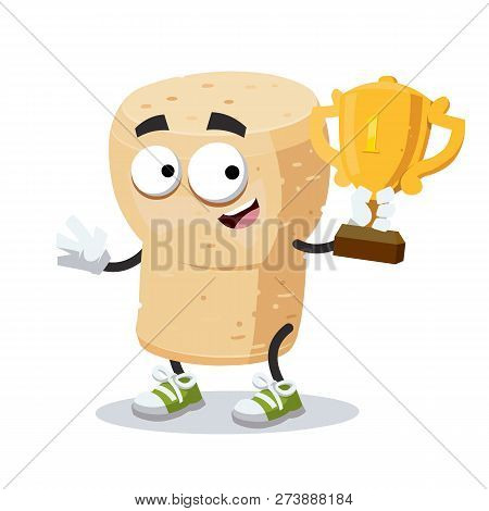 Cartoon Wine Cork Mascot Holds The Number One Cup