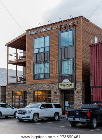 June 23, 2018: Gardiner, United States: Wonderland Cafe And Lodge In Gardiner, Montana Offers A Eco-