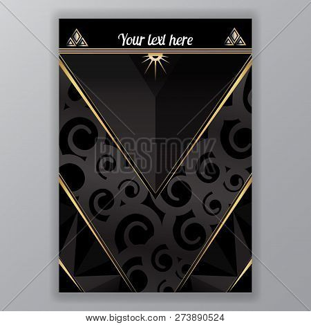 Art Deco Page Template, Gatsby Style For Web And Print, Triangle With Golden Lines. Modern Design Cu