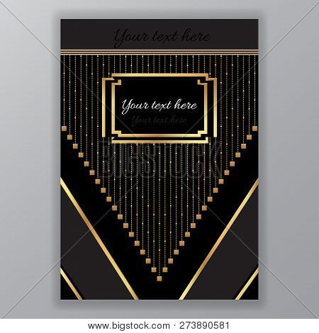 Art Deco Page Template, Gatsby Style For Web And Print, Triangle With Golden Chains On  Black. Moder