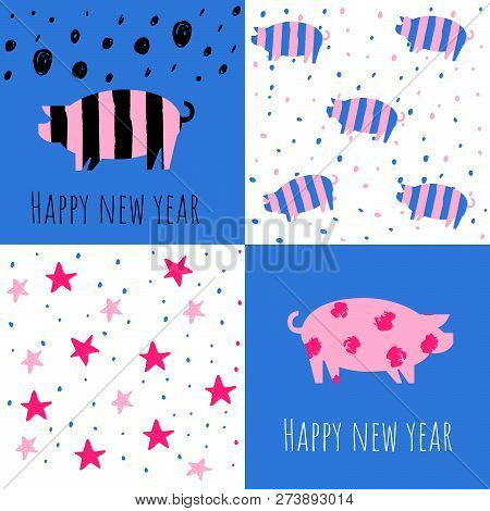 2019 Chinese New Year Greeting Card Template. With Cute Piggy Family Reunion Together. (translation:
