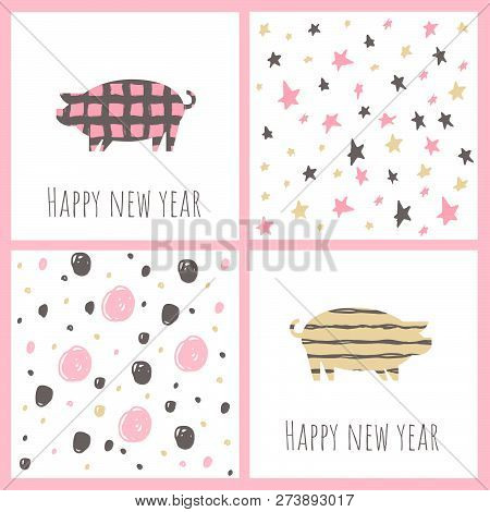 2019 Chinese New Year Greeting Card Template. With Cute Piggy Family Reunion Together.