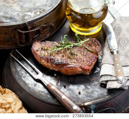 Fresh Juicy Medium Rare Beef Grillsteak. Barbecue Meat Close Up.