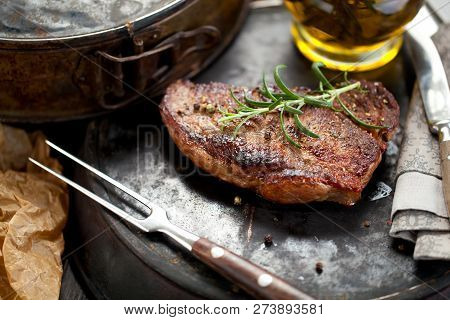 Fresh Juicy Medium Rare Beef Grillsteak. Barbecue Meat Close Up.