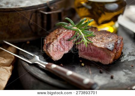 Fresh Juicy Medium Rare Beef Grillsteak. Barbecue Meat Close Up.