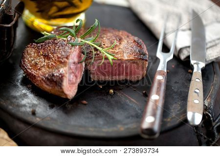 Fresh Juicy Medium Rare Beef Grillsteak. Barbecue Meat Close Up.