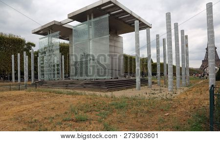 Paris, France - August 21, 2018:  Famous Monument Near Eiffel Tower Called Wall Of Peace Or Mur Pour