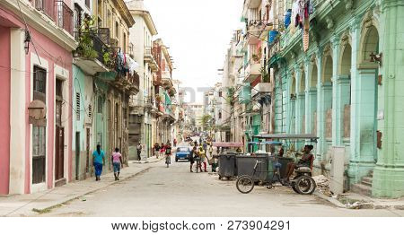 HAVANA-CUBA- DEC 5, 2018: View of one of the street of Centro Habana, one of the 15 municipalities or boroughs in the city of Havana, Cuba.