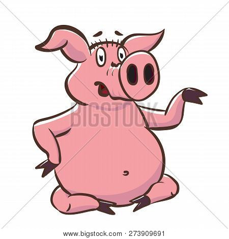 Cute Pig Shows A Little Teapot. Pink Piggy Cartoon Character Vector Stock Illustration