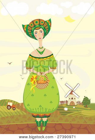 schÃ¶nes MÃ¤dchen mit einer Katze in einem Korb