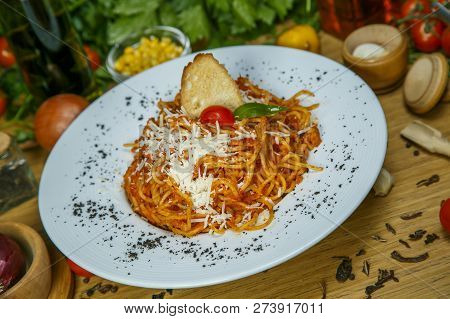 Pasta With Meat, Tomato Sauce And Vegetables