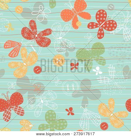 Seamless Pattern With Cute Hand Drawn Butterflies And Buttons. Pastel Backdrop For Fabric, Textile, 