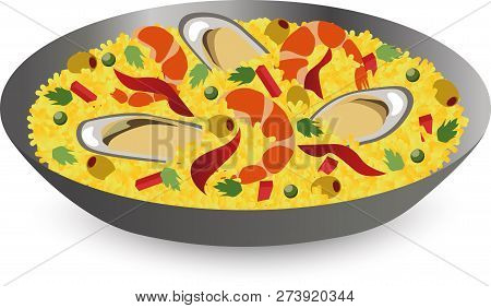 Paella With Seafood: Shrimps, Oysters In Pan. Traditional Spanish Dish. Flat Vector Illustration For