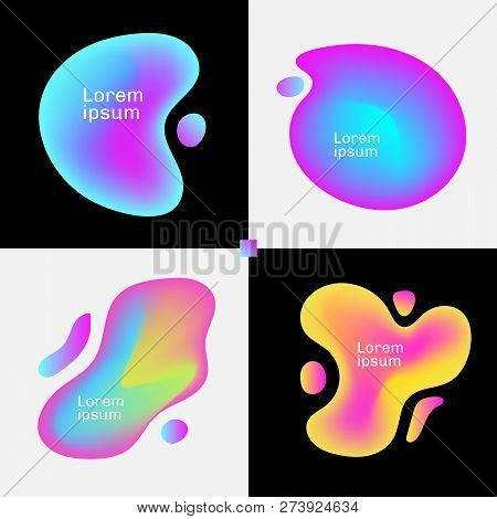Set Of Vivid Fluids Compositions Banners Background. Colorful Liquid Shape Made Of Different Simple 