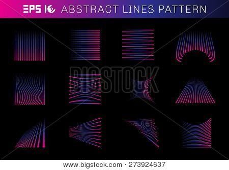 Set Of Abstract Lines Pattern Elements Blue And Pink Color On Black Background. Vector Illustration
