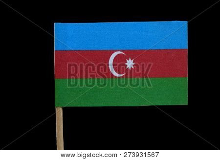 A Official Flag Of Azerbaijan On Toothpick On Black Background. A Horizontal Tricolor Of Blue, Red, 