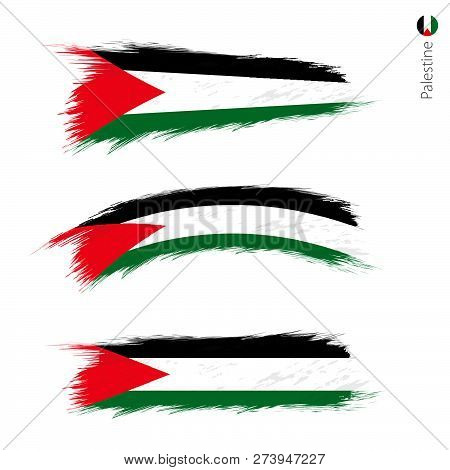 Set Of 3 Grunge Textured Flag Of Palestine, Three Versions Of National Country Flag In Brush Strokes