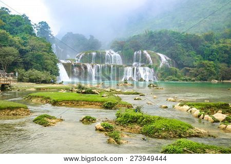 Ban Gioc Waterfall Or Detian Falls, Vietnam's Best-known Waterfall Located In Cao Bang Border With C