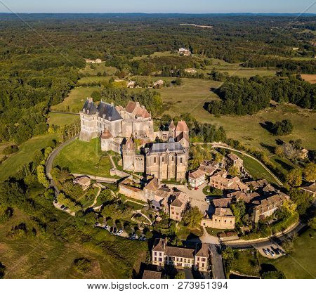 Aerial View, Village And Castle Of Biron In The Dordogne Region Of South West France, Europe