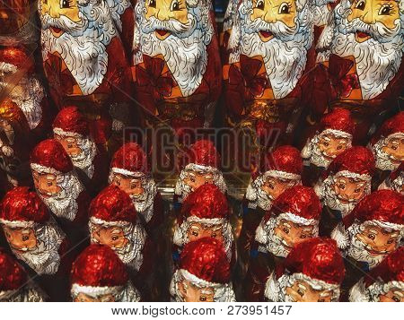 The Rows Of Chocolate Santas. The Christmas Candies.