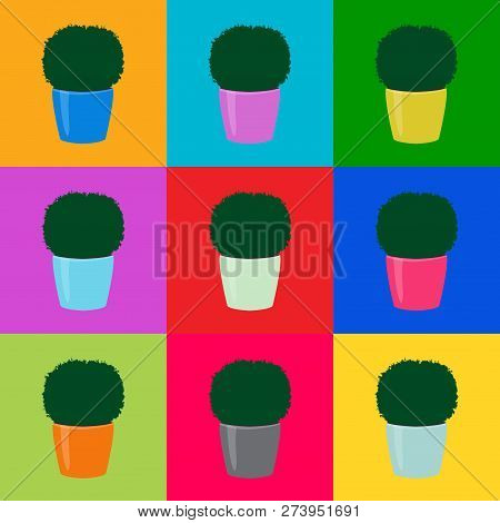 Seamless Floral Pattern Green Topiary Plants In Colorful Pots On Squares. Decorative Potted Housepla