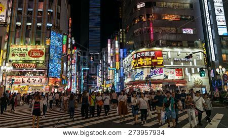 Tokyo, Japan - August 2018: Night Scene From Kabukicho District In Shinjuku With Bright Lights And P