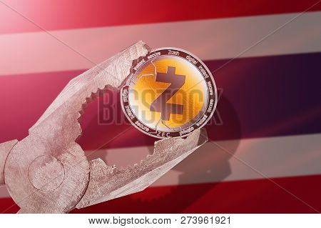Zcash (zec) Coin Being Squeezed In Vice On Thailand Flag Background; Concept Of Zcash Cryptocurrency