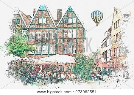 Watercolor Sketch Or Illustration Of Traditional German Architecture And Street Cafe In Muenster In 