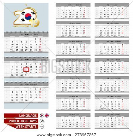 Korean And English Language Calendar For 2019 Year. Week Starts From Monday. Ready For Print. Vector
