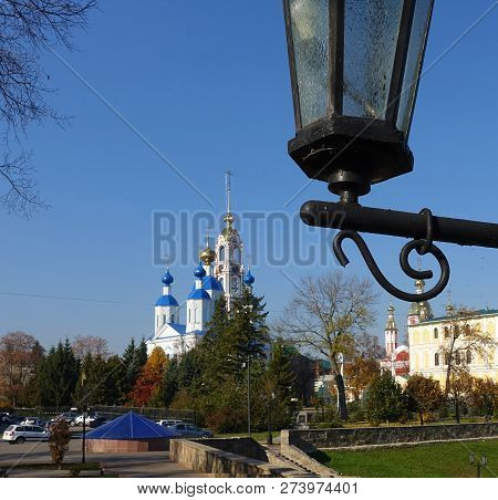 Vintage Lantern And View Of Kazan Cathedral In Tambov Russia