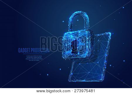Data Protect. Lock On Pc Tablet Device Screen. Vector Low Poly Wireframe In The Form Of Starry Sky O