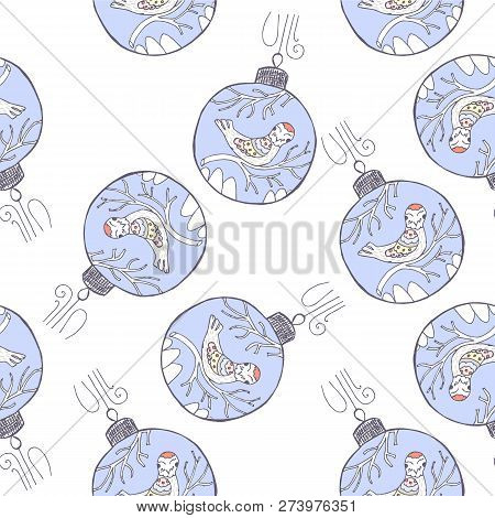 Seamless Winter Holiday Pattern, Stylised Bird On Blue Ball, Scandinavian Style Pastel Color Design 