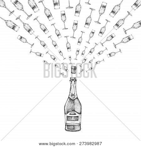 Vector Illustration Of Hand Drawing Champagne Bottle With Splash