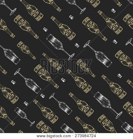 Seamless Pattern With Hand Drawing Champagne Bottle, Champagne Glass And Cork