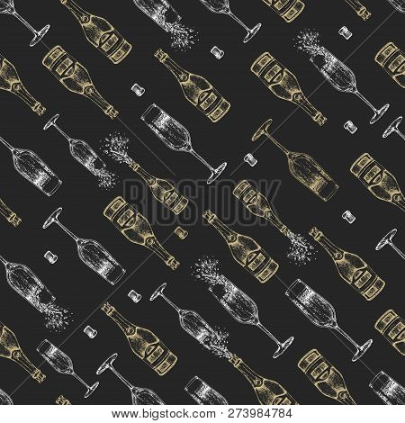 Seamless Pattern With Hand Drawing Champagne Bottle, Champagne Glass And Cork