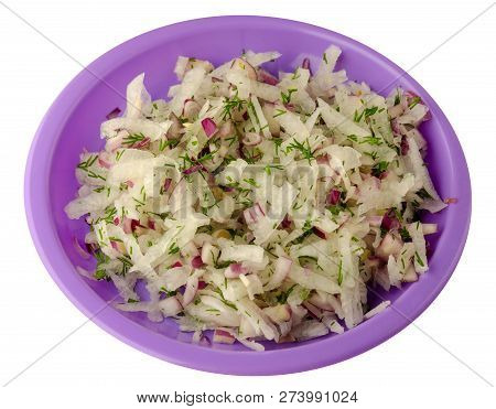 Salad Daikon, Onions And Dil Isolated On White Background. Salad On A Plate . Vegetarian Food