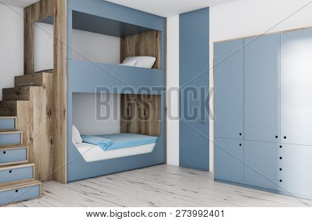 Interior Of Teenager Bedroom With White Walls, Wooden Floor, Gray And Wooden Bunk Bed And Gray Close