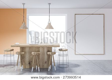 Beige And White Kitchen With Bar And Poster
