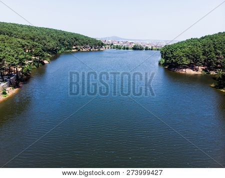 Aerial Drone View Of Aydos Forest Lake In Istanbul. Natural Life.