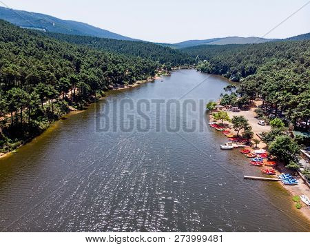 Aerial Drone View Of Aydos Forest Lake With Summer Pedalo Boats In Istanbul. Natural Life