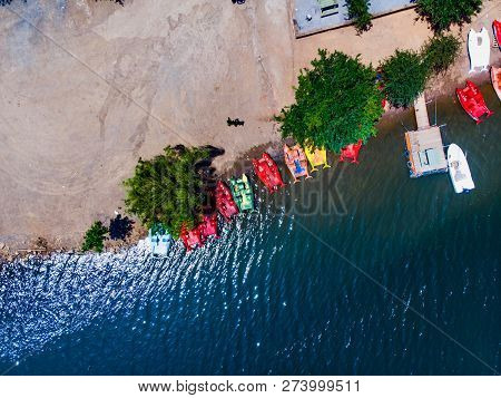 Aerial Drone View Of Aydos Forest Lake With Summer Pedalo Boats In Istanbul