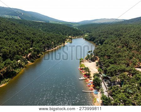 Aerial Drone View Of Aydos Forest Lake With Summer Pedalo Boats In Istanbul. Natural Life