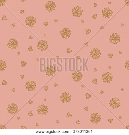 Flowers And Hearts Seamless Vector Pattern. Decorative Pink Surface Print Design For Fabrics, Statio