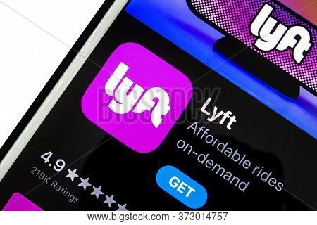San Francisco, California, Usa. A Close Up Of The Lyft On An Iphone