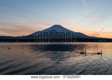 View Of Mount Fuji And Lake Yamanakako In Winter Evening. Lake Yamanakako Is The Largest Of The Fuji