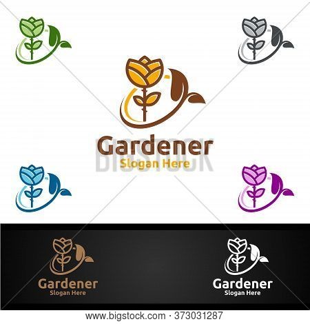 Rose Gardener Logo With Green Garden Environment Or Botanical Agriculture Design Illustration